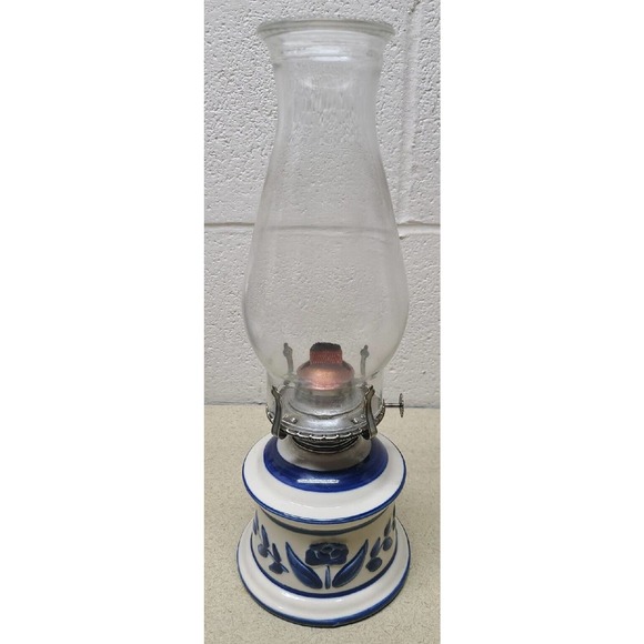 lamplight farms usa kerosene lamp 13-1/4" blue white floral - Picture 3 of 6